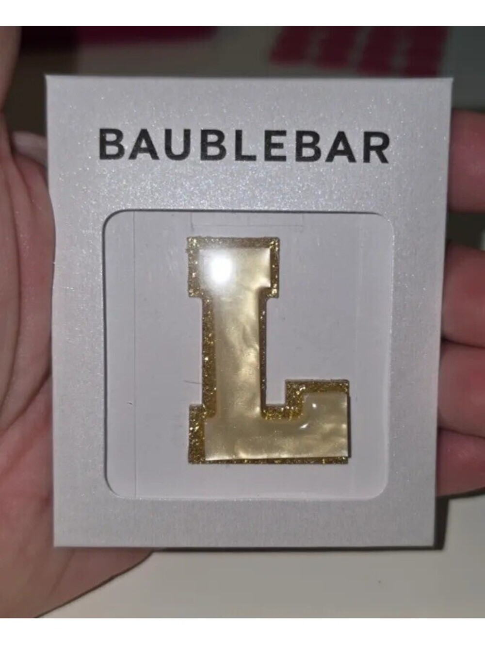 BAUBLEBAR MOTHER OF PEARL GOLD GLITTER LETTER L BAG CHARM STICKER NIP